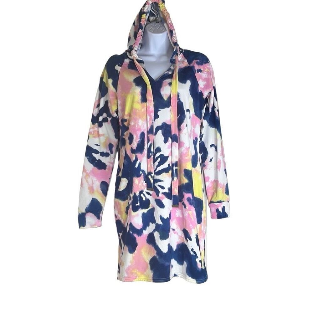 Bobbie Brooks Medium Blue Pink Tie Dye‎ Hoodie Mini Dress NWOT Beach Cover Up